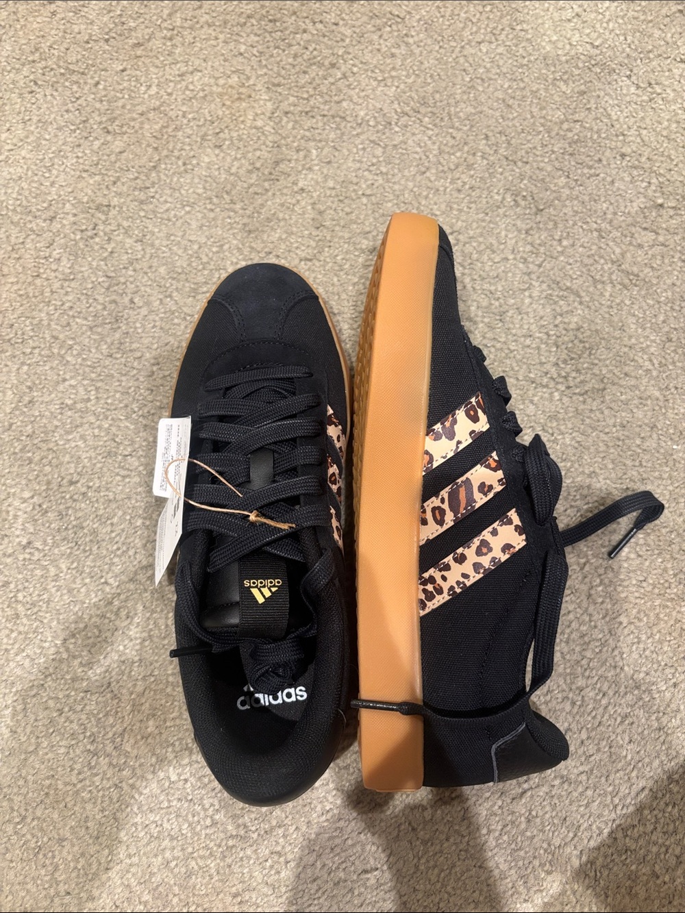 NWT adidas Black Sneakers with Leopard-Print Stripes and Gum Sole